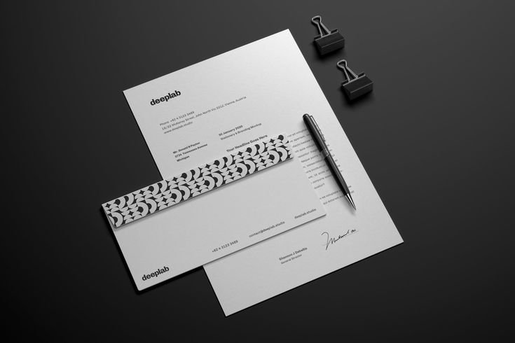 Black and white DeepLab stationery identity presentation