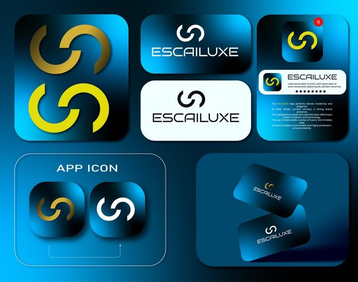 Blue and gold Escailuxe logo system and app icon presentation