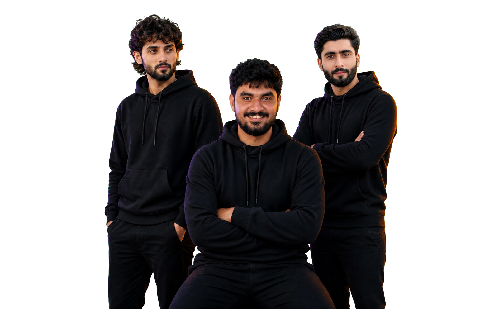 Ateeq, Arslan, and Musayan Abbas from AMMAS GRAPHIC in black studio hoodies